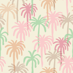 Pink and beige palm trees seamless pattern. Tropical summer hand drawn coconut, jungle plants, cute nature, safari print, exotic wallpaper. Vector textile design, Hawaiian repeat background.