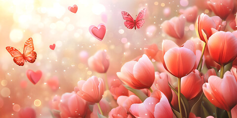 Romantic Tulip Flowers With Floating Hearts in Soft Light