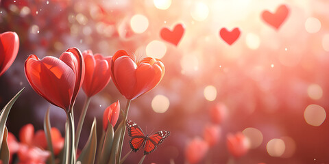 Romantic Tulip Flowers With Floating Hearts in Soft Light