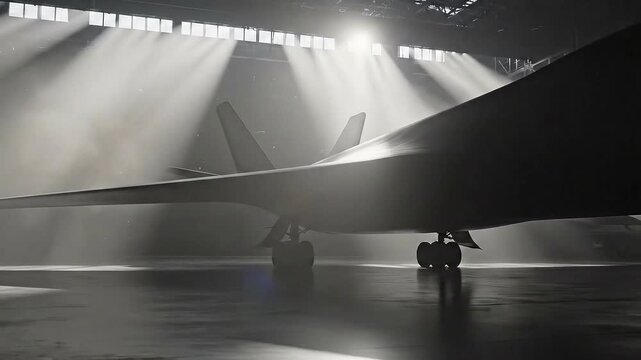 Stealth bomber aircraft in a dimly lit hangar with spotlight