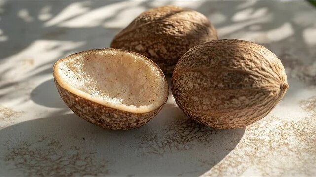 Three coconuts on a marble surface with natural light and shadows