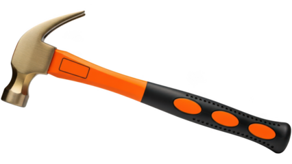 Modern professional claw hammer with ergonomic orange black grip handle isolated on transparent background