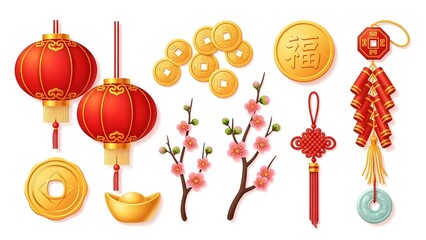 Lunar New Year Festivities: A vibrant collection of traditional decorations, including lanterns, coins, and blooming flowers, symbolizing good fortune and celebrating the Lunar New Year.