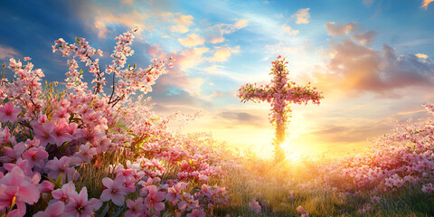 Cross of Faith at Sunrise Over Flowering Meadow Landscape