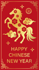 Happy Chinese New Year greeting card with golden horse, plum blossoms, coins and clouds on red background. For social media stories and mobile wallpaper. Editable vector illustration.