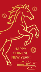 Chinese New Year greeting banner with gold line art horse, coins, traditional clouds on red. Lunar New Year background for social media stories and mobile wallpaper. Editable vector illustration.
