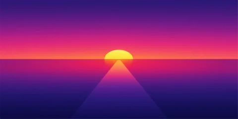 Fototapete Rund Violett Beautiful golden sunrise and sunset reflections glow over the calm sea and ocean horizon under a vibrant orange sky with red clouds at dusk  © Md