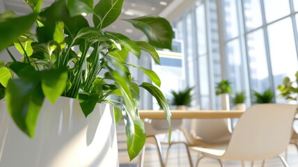 Eco-friendly conference room with smart lighting and air-purifying plants for corporate sustainability