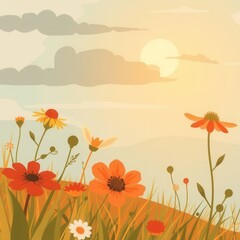 Wild Red Flower Illustration Background with Natural Grass Border Frame and Sunny Sky