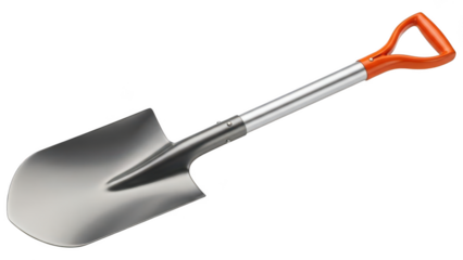 Collapsible camping shovel with durable metal scoop and orange d handle isolated on transparent background