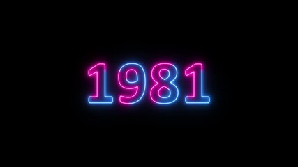 Glowing neon 1981 year text looped animation on black background. Abstract 1981 neon text animation, Blue and pink text concept of counting years.