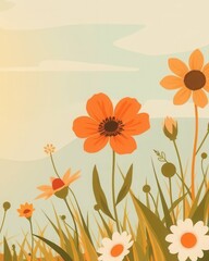 Orange Red Wildflower Illustration Background at Ground Level with Grass Frame
