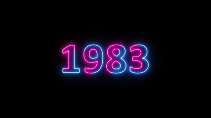 Glowing neon 1983 year text looped animation on black background. Abstract 1983 neon text animation, Blue and pink text concept of counting years.