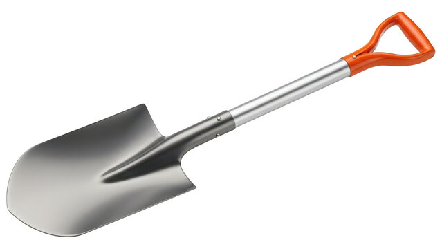 Collapsible camping shovel with durable metal scoop and orange d handle isolated on transparent background