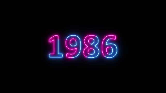 Glowing neon 1986 year text looped animation on black background. Abstract 1986 neon text animation, Blue and pink text concept of counting years.