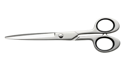 Sharp scissors with silver blades and black finger loops on transparent background