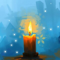 Red Candle Light Background with Abstract Blue Winter Trees and Buildings