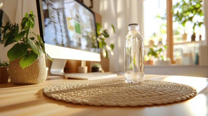 Minimalistic eco workstation featuring vertical monitor and natural fiber desk mat in bright light
