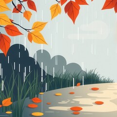 Moody Fall Path Illustration Background with Rain and Red Leaf Border