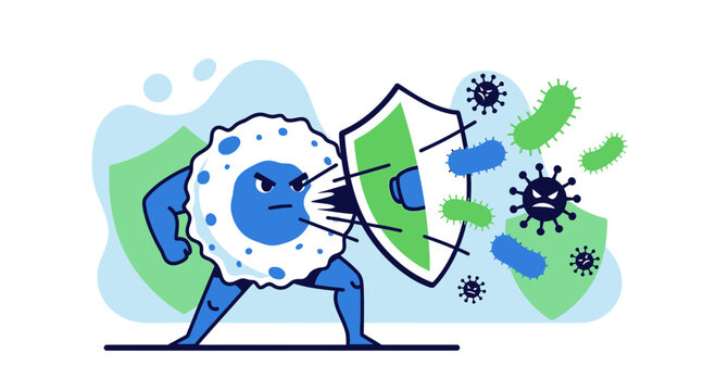 Immune cell defending body from invading pathogens with shield for strong immunity