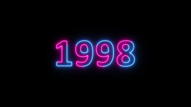 Glowing neon 1998 year text looped animation on black background. Abstract 1998 neon text animation, Blue and pink text concept of counting years.