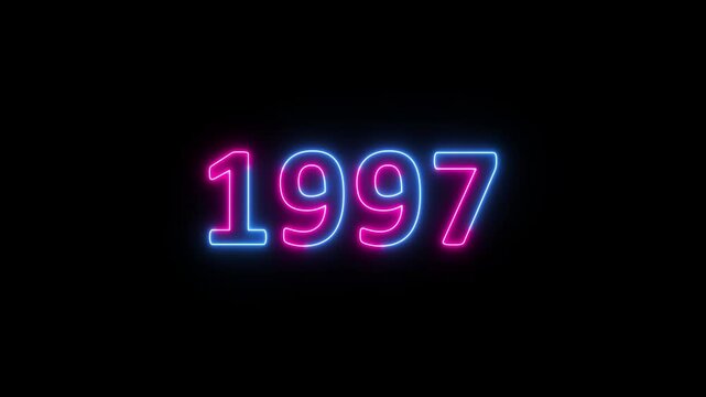 Glowing neon 1997 year text looped animation on black background. Abstract 1997 neon text animation, Blue and pink text concept of counting years.