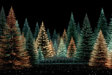A fairytale night forest of fir trees adorned with shimmering lights, creating a bokeh effect and digital glow. 