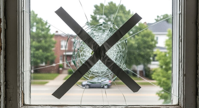 Broken window with duct tape patch showing outside view of street and greenery. Cracked window emphasizes need for repair and maintenance in urban settings. - Powered by Adobe