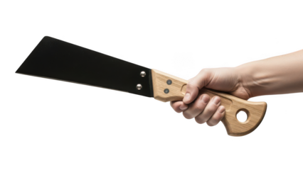 Person holding small hand saw with wooden handle for trimming or craft cutting isolated