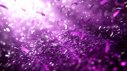 Abstract purple confetti background with shimmering strips and sparkly particles for festive use