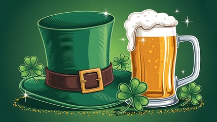 Green Beer Mug and Hat with Shamrocks for St Patricks Day