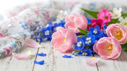 Delicate bouquet of tulips and forget-me-nots
