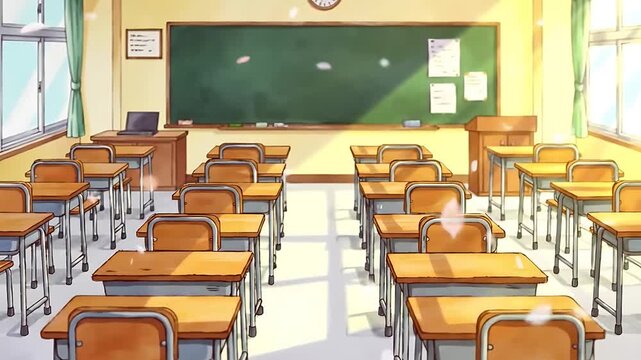 Empty classroom with neat desks and chairs. Cartoon or anime watercolor painting illustration style. seamless looping 4K virtual video animation background video 4k