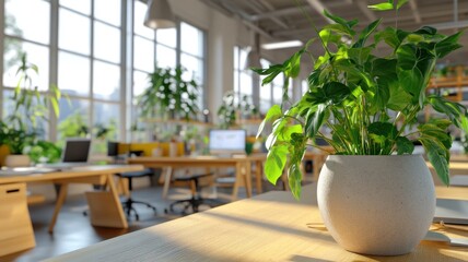 Fototapeta premium Modern open-plan eco office with large windows and lush foliage in a biophilic workspace