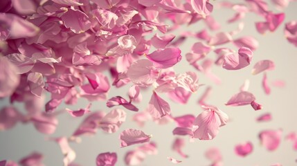Soft pink flower petals floating against a light pastel background for a romantic and airy mood