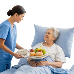 Compassionate nurse serves nutritious meal to elderly patient in hospital bed, symbolizing care, dignity, and healing. Warm interaction highlights healthcare&rsquo;s human touch&mdash;nourishing body and spirit t