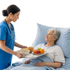 Compassionate nurse serves nutritious meal to elderly patient in hospital bed, symbolizing care, dignity, and healing. Warm interaction highlights healthcare&rsquo;s human touch&mdash;nourishing body and spirit t