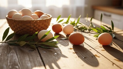 A woven basket with fresh farm eggs and green olive branches on a wooden table in the sunlight &ndash; perfect for food blogs, creating a morning atmosphere in the kitchen, with space for text