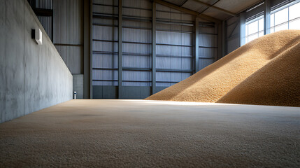 Vast grain mound in a modern storage facility, featuring corrugated walls and natural light, highlighting the scale and efficiency of agricultural storage.