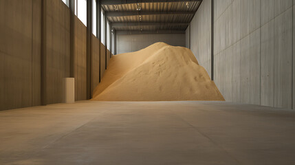 A large pile of wooden pellets dominates a warehouse, illuminated by natural light from high windows. The minimalist space contrasts with the organic heap, a study in textures and space.