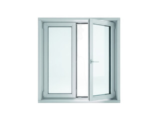 Modern white vinyl window frame partially open showing clean minimal design on transparent base