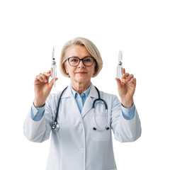 A confident female doctor in a white coat holds two vaccine vials, symbolizing medical expertise, public health, and preventive care. Her calm demeanor inspires trust as she promotes immunization, wel