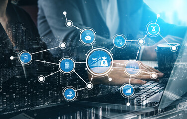 A professional analyzes data on a laptop, with various finance and tax icons overlaying a modern urban setting, illustrating the integration of technology and finance. Tessel