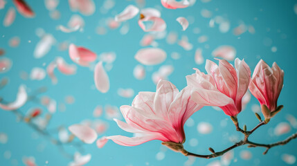 Spring background with soft falling flower petals, light pastel pink and white tones, airy atmosphere, soft motion blur, clean minimalistic composition.
