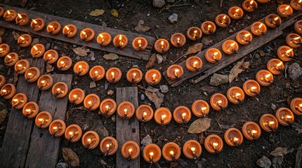 Rows of glowing candles illuminate a dark, rustic setting, creating a serene and spiritual ambiance.