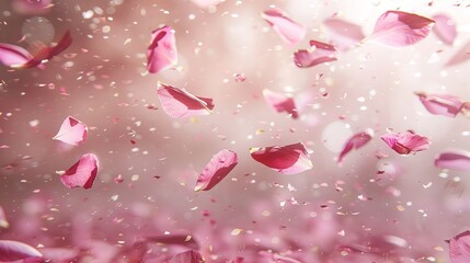 Soft spring background with pastel pink and white flower petals, airy daylight, and minimal design