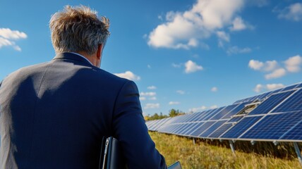 Rear view of businessman approaching vast solar panel field with briefcase in hand
