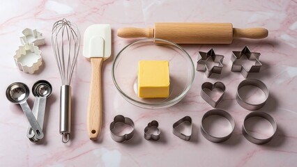 baking utensils set and fresh butter in glass bowl on pink marble countertop for culinary blogs, recipe websites, pastry shop branding, kitchen decor posters, and home baking education