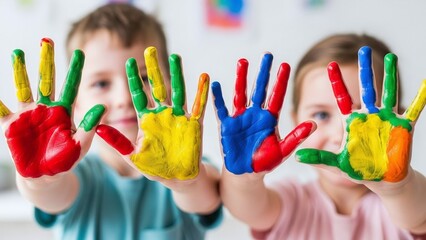 Two children showing painted hands with colorful artwork indoors  