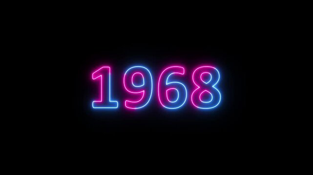 Glowing neon 1968 year text looped animation on black background. Abstract 1968 neon text animation, Blue and pink text concept of counting years.